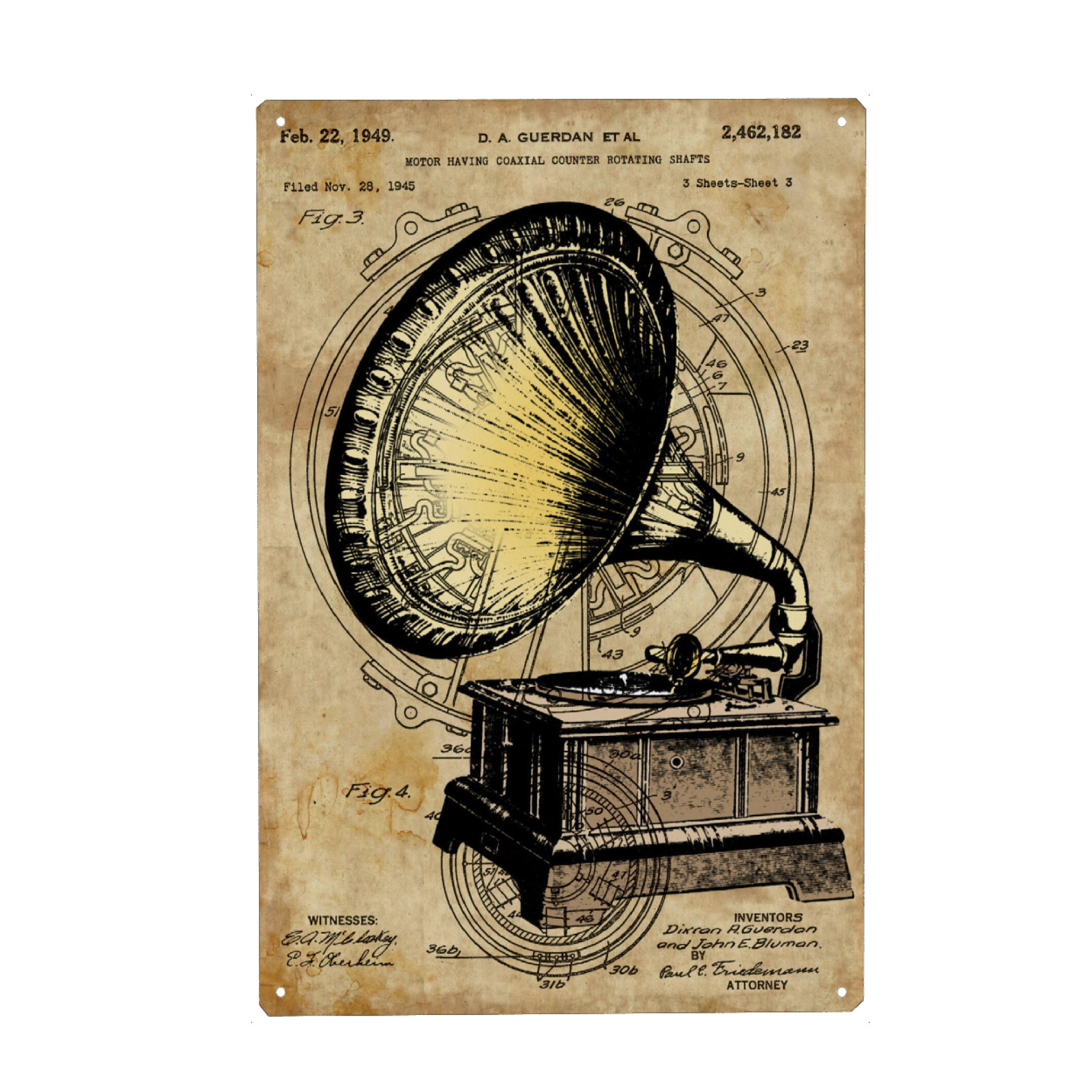 Holzbild "Steampunk Grammophon" artboxONE - Musik - Retro,Grammophon,Patent,Plattenspieler,Steampunk,Vintage,Musik
