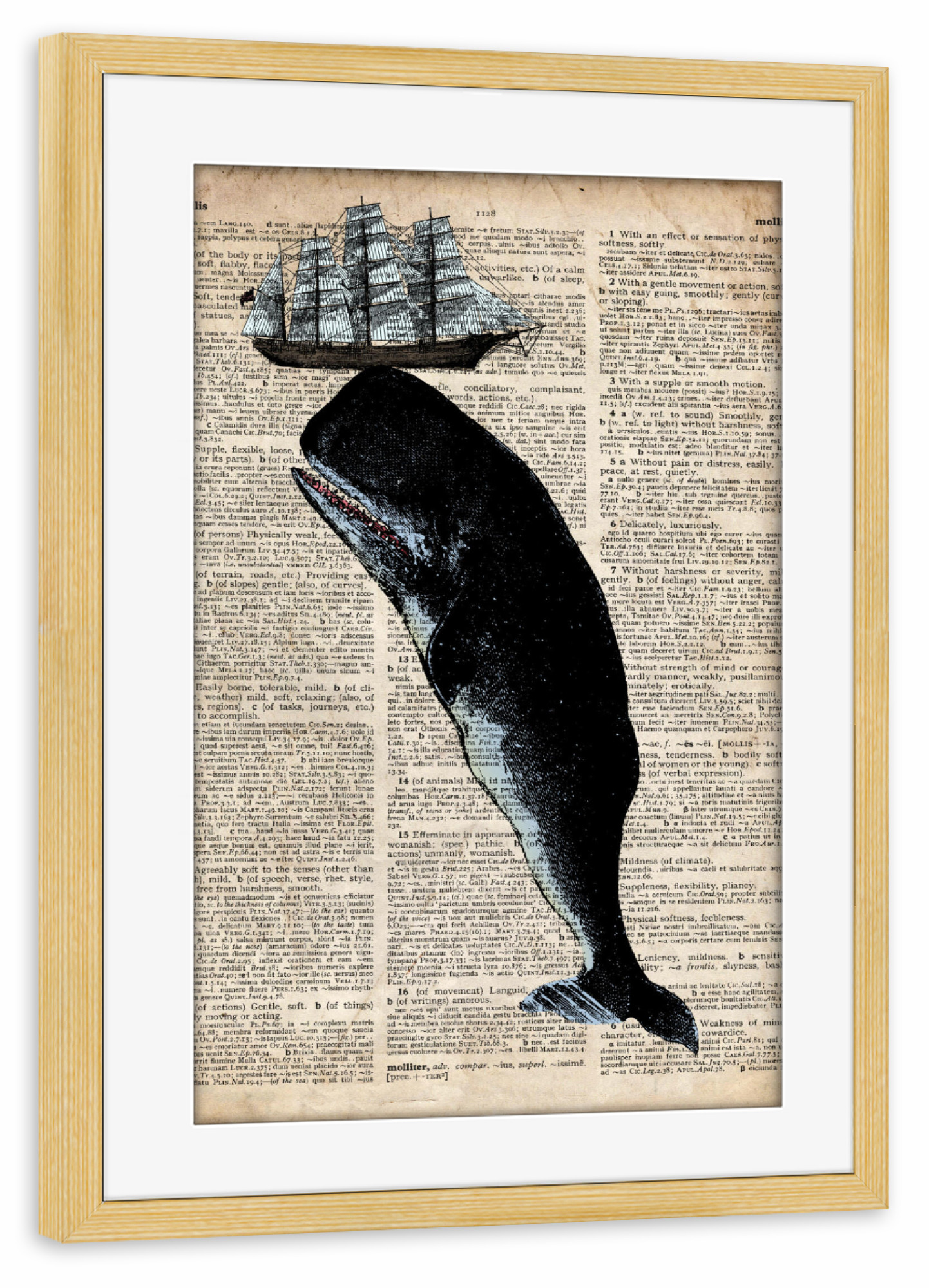 Poster mit Rahmen kiefer "Riesiger Wal" artboxONE - Tiere - Meer,Ozean,Wal,Nautisch,Antik,Wörterbuch