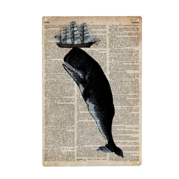 Metall Poster "Riesiger Wal" artboxONE - Tiere - Meer,Ozean,Wal,Nautisch,Antik,Wörterbuch - Blechschild