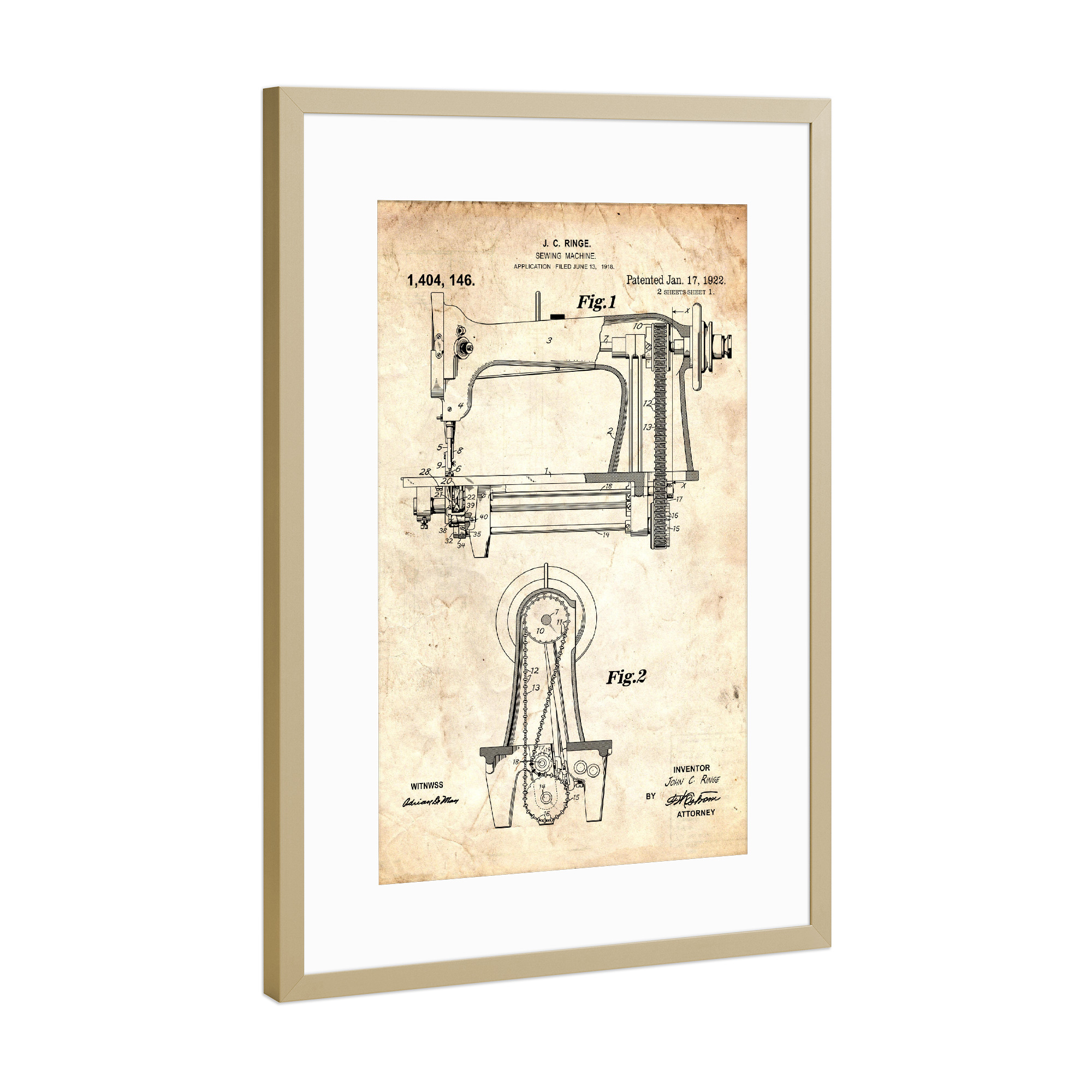 Poster mit Rahmen Gold "Antike Nähmaschine (Antik)" artboxONE - Abstrakt,Fashion