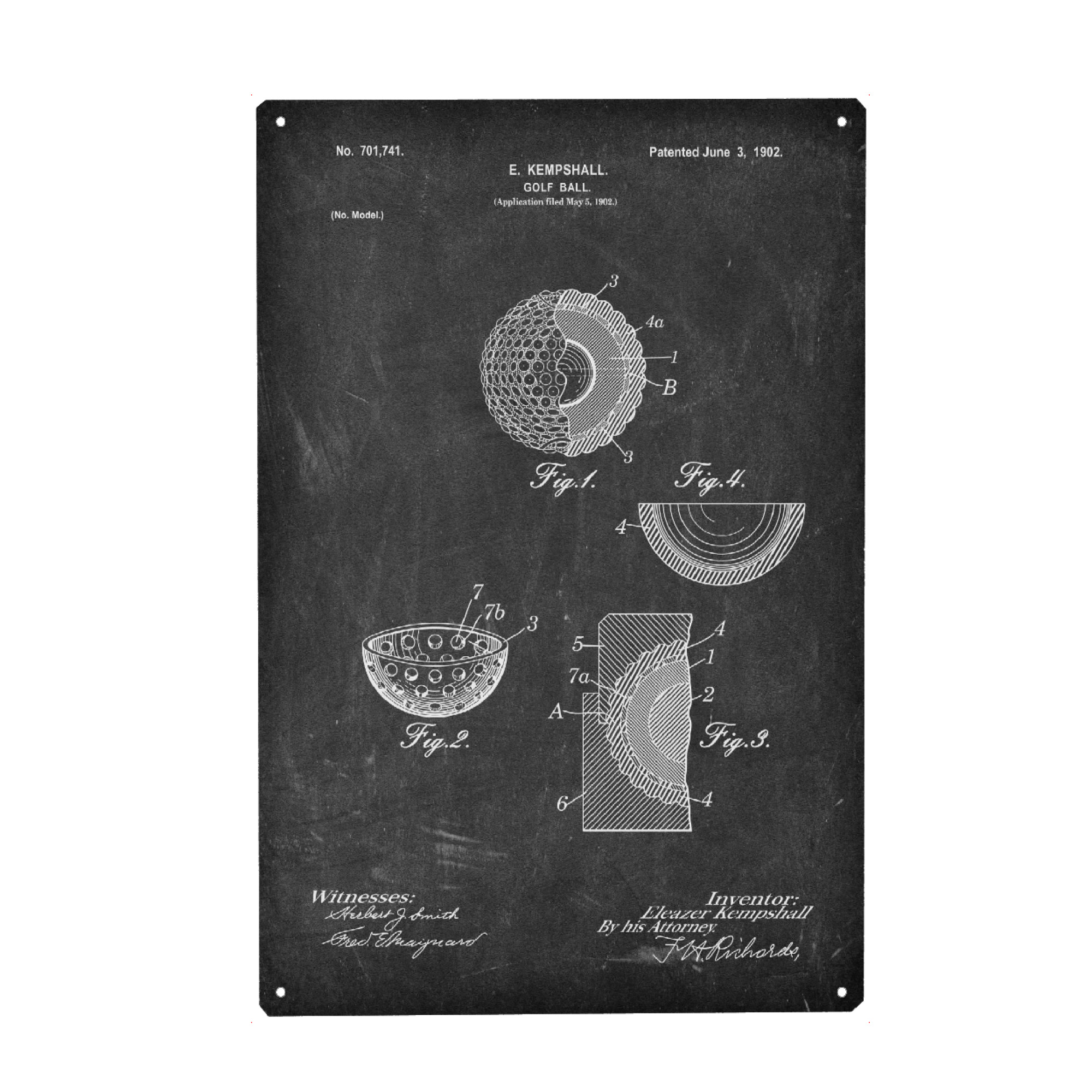 Metall Poster "Golfball Entwurf (Tafel)" artboxONE - Schwarzweiß,Sport - Golfschläger,Patent,Golf,Vintage,Sport,Retro,Blaupause,Golfer - Blechschild