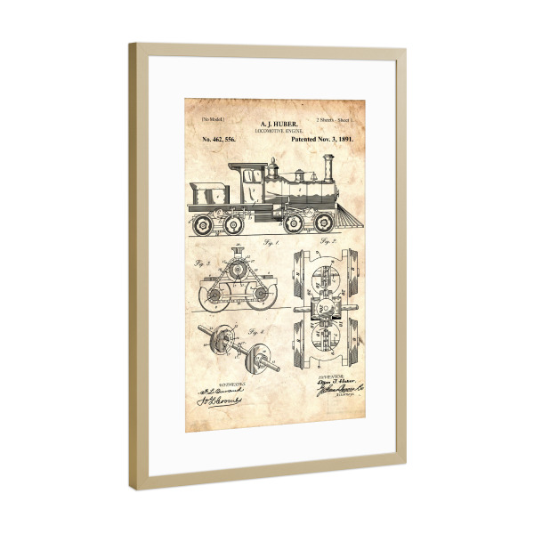 Poster mit Rahmen Gold "Zug Lokomotive (Antik)" artboxONE - Reise - Zug,Lokomotive,Eisenbahn,Bahn,Patent,Entwurf,Transport,Reise,Travel