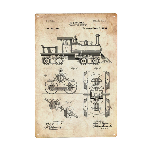 Metall Poster "Zug Lokomotive (Antik)" artboxONE - Reise - Zug,Lokomotive,Eisenbahn,Bahn,Patent,Entwurf,Transport,Reise,Travel - Blechschild