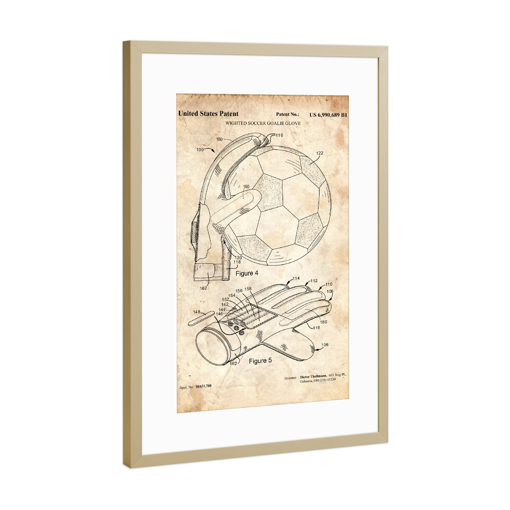 Poster mit Rahmen Gold "Torwarthandschuhe (Antik)" artboxONE - Sport,Sport / Fußball