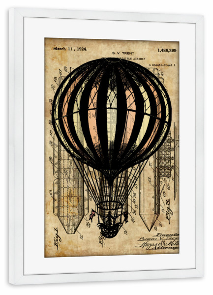 Poster mit Rahmen weiß "Antik Heißluftballon" artboxONE - Reise - Heißluftballon,Luftfahrzeug,Steampunk,Vintage,Retro,Viktorianisch,Entwurf
