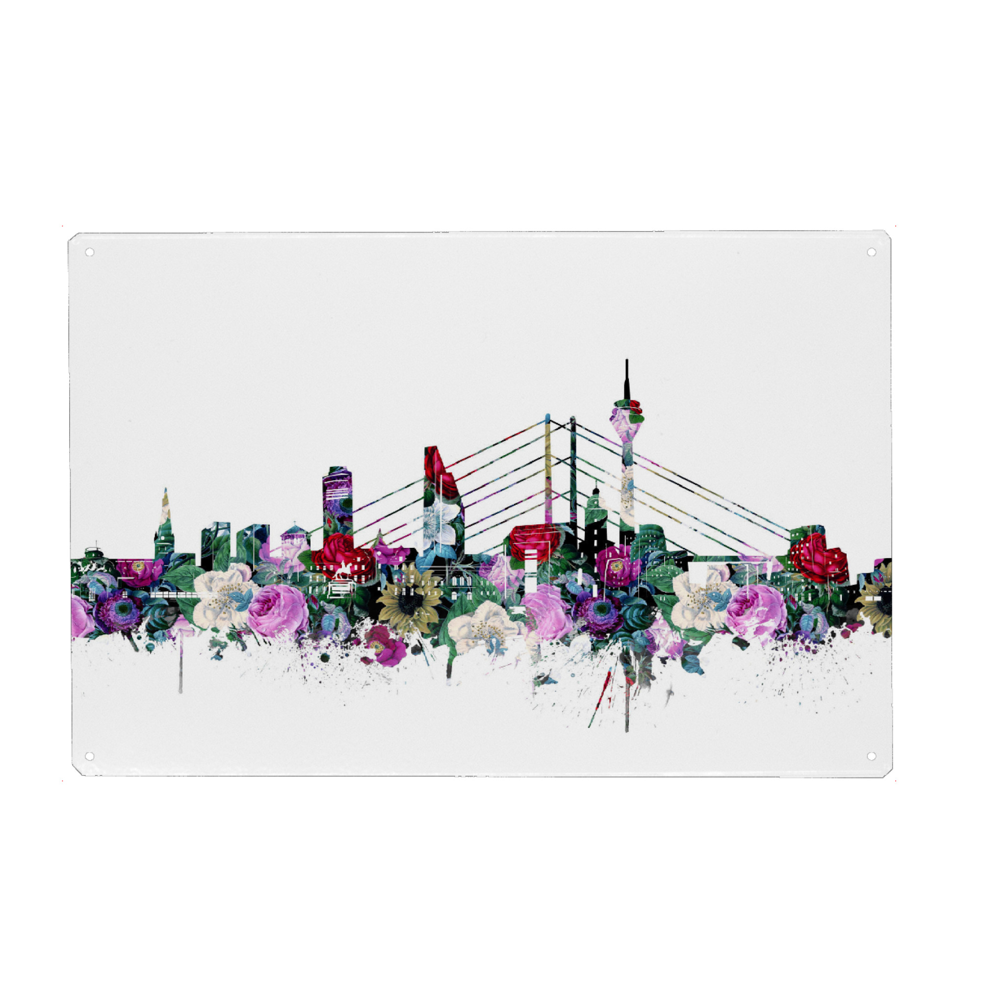 Holzbild "Dusseldorf city skyline floral" artboxONE - Städte,Reise,Floral,Architektur,Städte / Düsseldorf