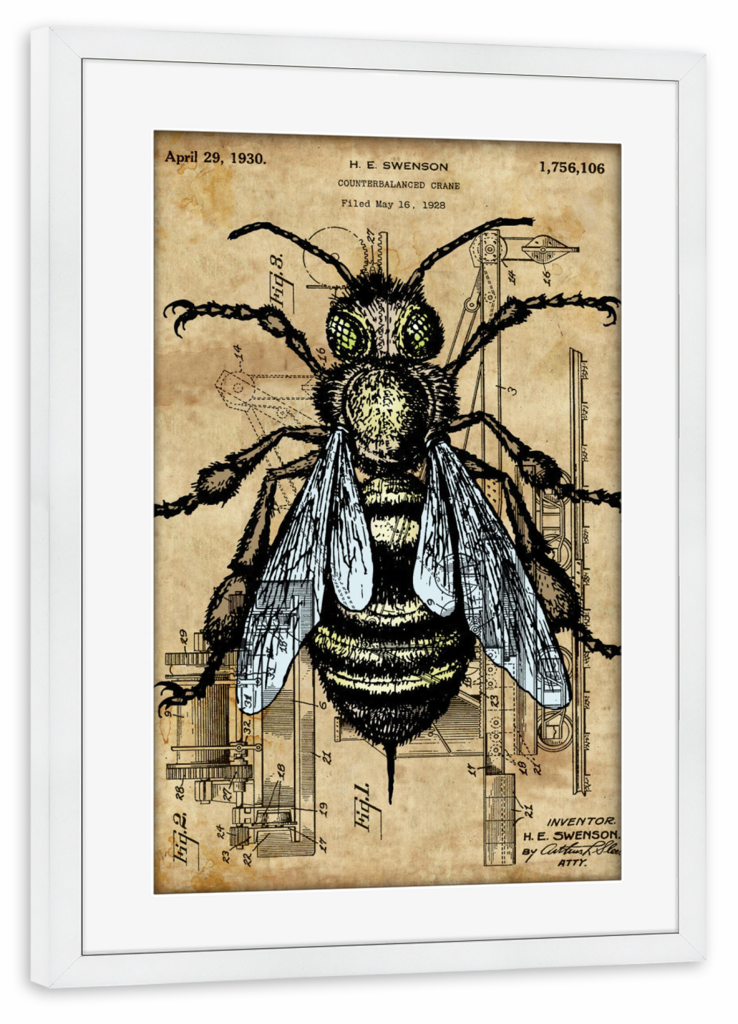 Poster mit Rahmen weiß "Steampunk Wespe" artboxONE - Tiere - Wespe,Insekt,Tier,Steampunk,Entwurf,Antik,Patent