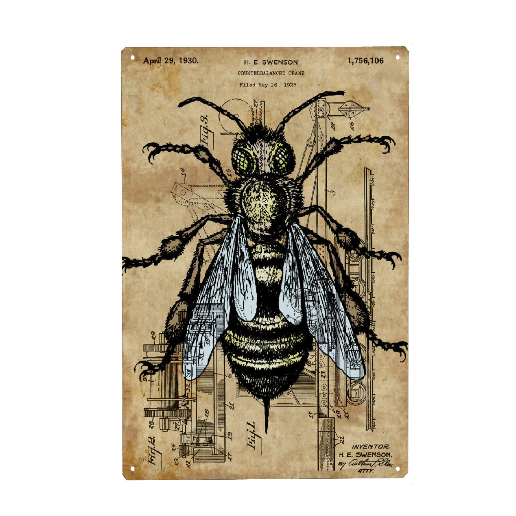 Holzbild "Steampunk Wespe" artboxONE - Tiere - Wespe,Insekt,Tier,Steampunk,Entwurf,Antik,Patent