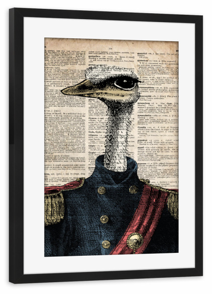 Poster mit Rahmen schwarz "General Strauß - Wörterbuch" artboxONE - Tiere - Strauß,Vogel,Tier,Wörterbuch,Uniform,Soldat,Antik,Vintage,Armee,Marine