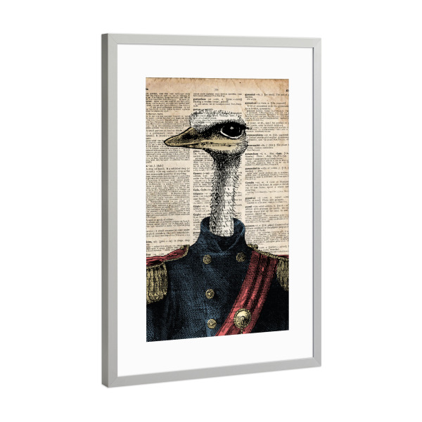 Poster mit Rahmen Silber "General Strauß - Wörterbuch" artboxONE - Tiere - Strauß,Vogel,Tier,Wörterbuch,Uniform,Soldat,Antik,Vintage,Armee,Marine
