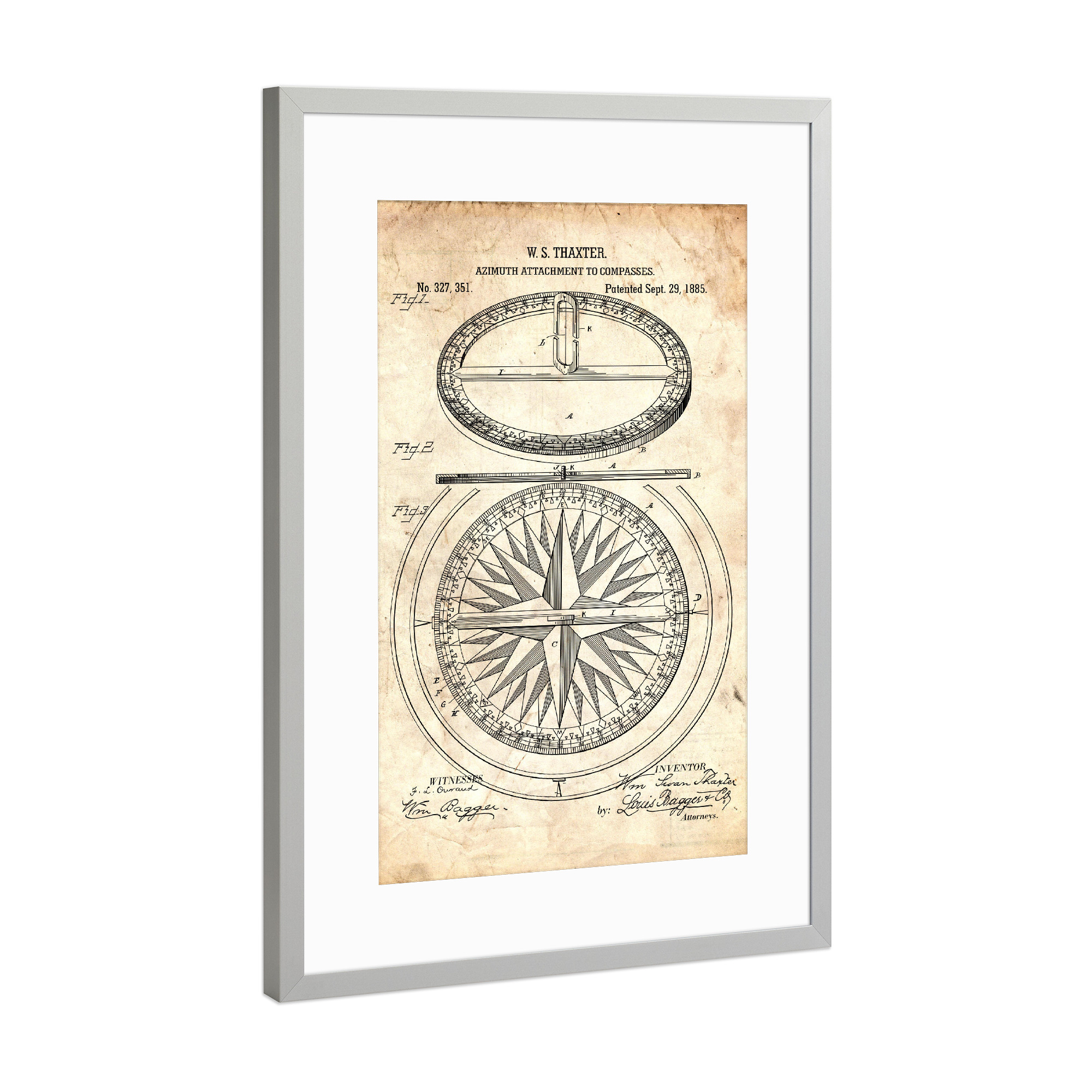 Poster mit Rahmen Silber "Kompass Blaupause (Antik)" artboxONE - Reise