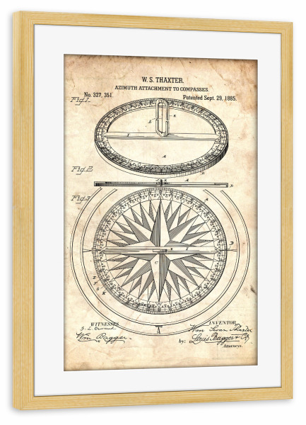 Poster mit Rahmen kiefer "Kompass Blaupause (Antik)" artboxONE - Reise