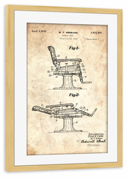 Poster mit Rahmen kiefer "Friseurstuhl Entwurf (Antik)" artboxONE - Fashion,Streetart