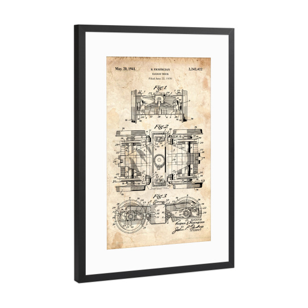 Poster mit Rahmen Schwarz (Metallic) "Eisenbahnrad patent (Antik)" artboxONE - Reise