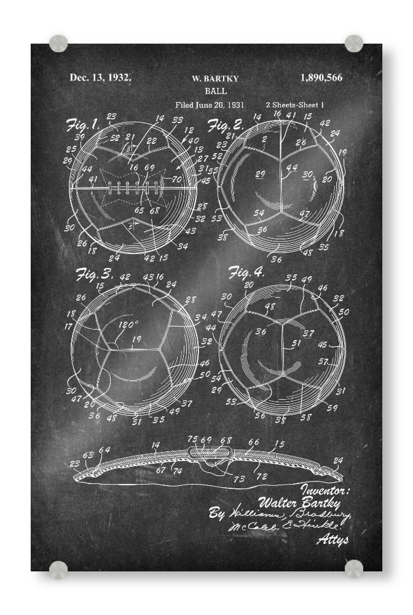 Acrylglasbild "Fußball Blaupause (Tafel)" artboxONE - Schwarzweiß,Automobile - Patent,Vintage,Retro,Sport,Fußball,Football,Entwurf,Blaupause