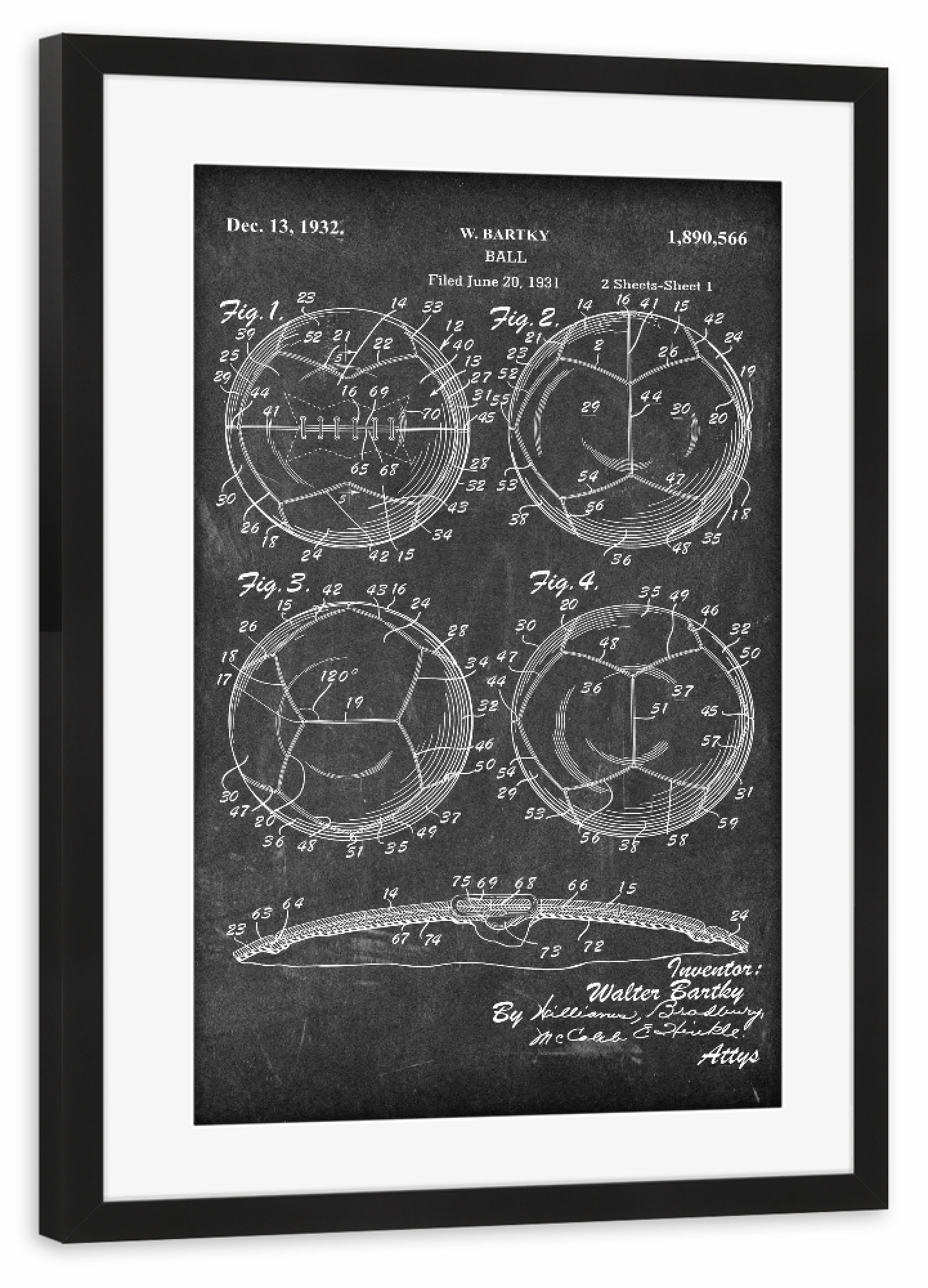 Poster mit Rahmen schwarz "Fußball Blaupause (Tafel)" artboxONE - Schwarzweiß,Automobile