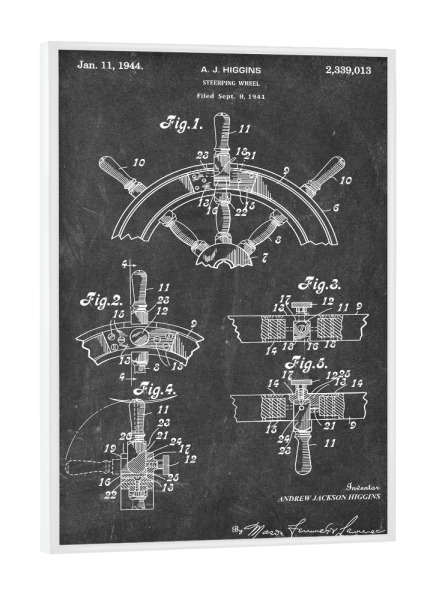 Poster mit weißem Rahmen "Steuerrad Patent (Tafel)" artboxONE - Reise,Schwarzweiß,Reise / Strand und Meer