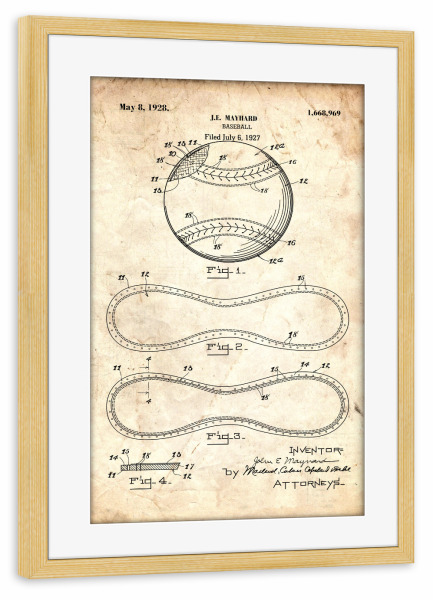 Poster mit Rahmen kiefer "Baseball Patent II (Antik)" artboxONE - Sport - Sport,Baseball,Vintage,Retro,Patent,Blaupause,Entwurf,Usa,Fitness,America