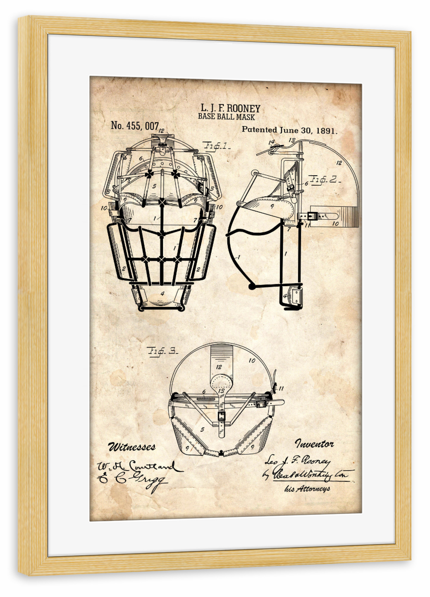 Poster mit Rahmen kiefer "Baseball - Maske Patent II (Antik)" artboxONE - Sport