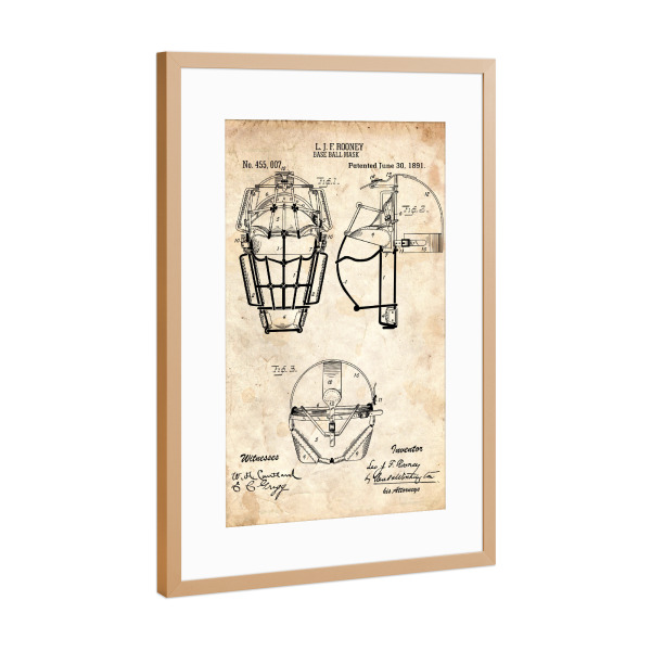 Poster mit Rahmen Kupfer "Baseball - Maske Patent II (Antik)" artboxONE - Sport