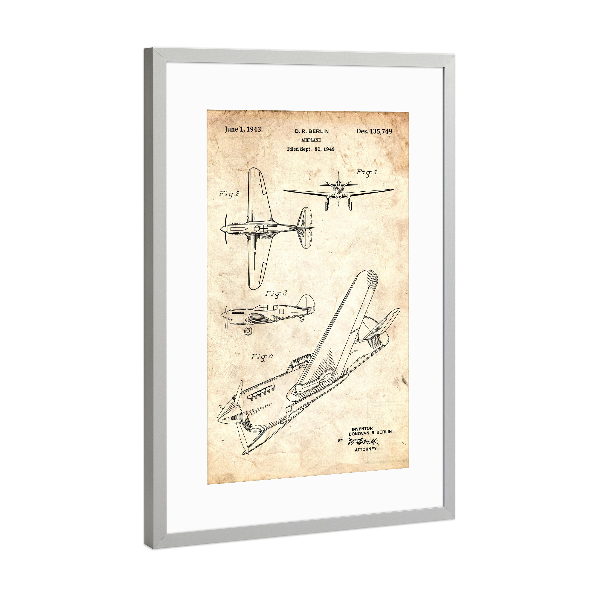 Poster mit Rahmen Silber "Retro Flugzeug II - Altes Papier" artboxONE - Reise