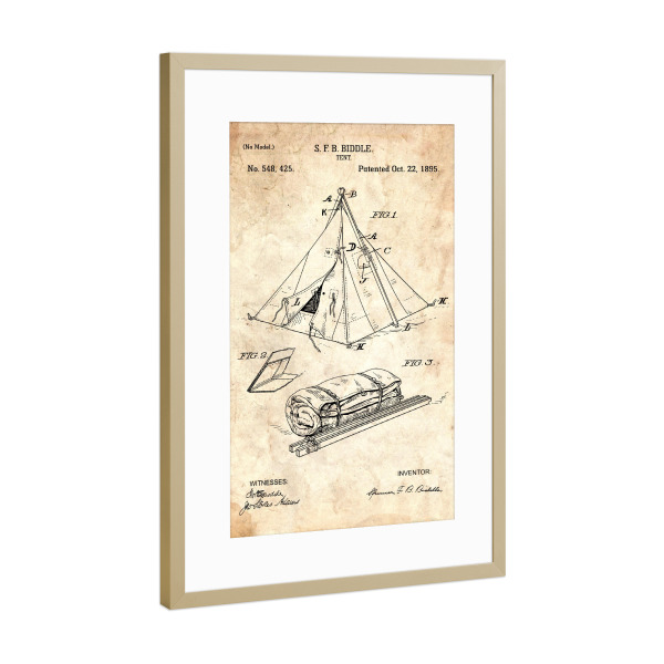 Poster mit Rahmen Gold "Camping Zelt (Antik)" artboxONE - Reise