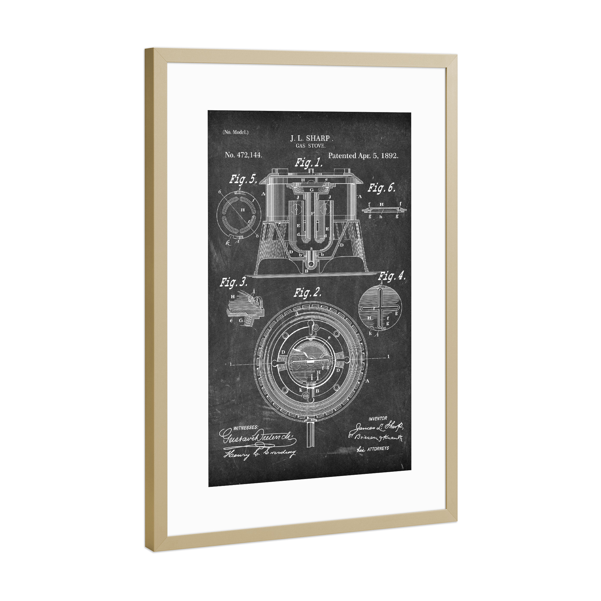 Poster mit Rahmen Gold "Gasherd Patent (Tafel)" artboxONE - Essen & Trinken,Schwarzweiß - Gasherd,Küche,Kochen,Koch,Vintage,Patent,Entwurf,Blaupause