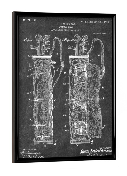 Poster mit schwarzem Rahmen "Golf Caddie (Tafel)" artboxONE - Schwarzweiß,Sport - Golfschläger,Patent,Golf,Vintage,Sport,Retro,Golfer