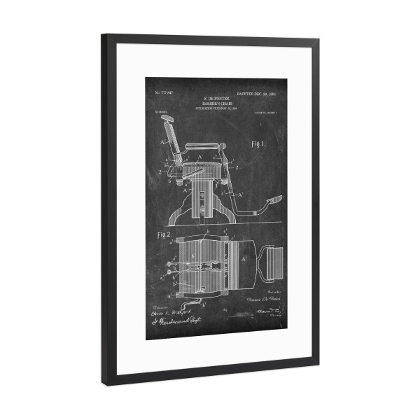 Poster mit Rahmen Schwarz (Metallic) "Friseurstuhl Patent (Tafel)" artboxONE - Abstrakt,Schwarzweiß