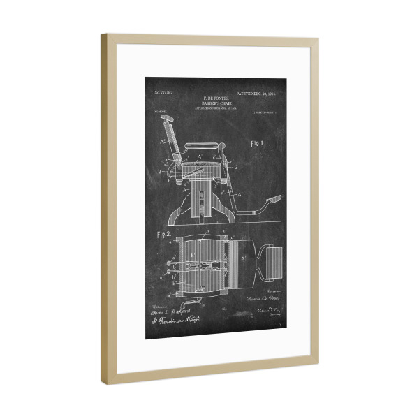 Poster mit Rahmen Gold "Friseurstuhl Patent (Tafel)" artboxONE - Abstrakt,Schwarzweiß