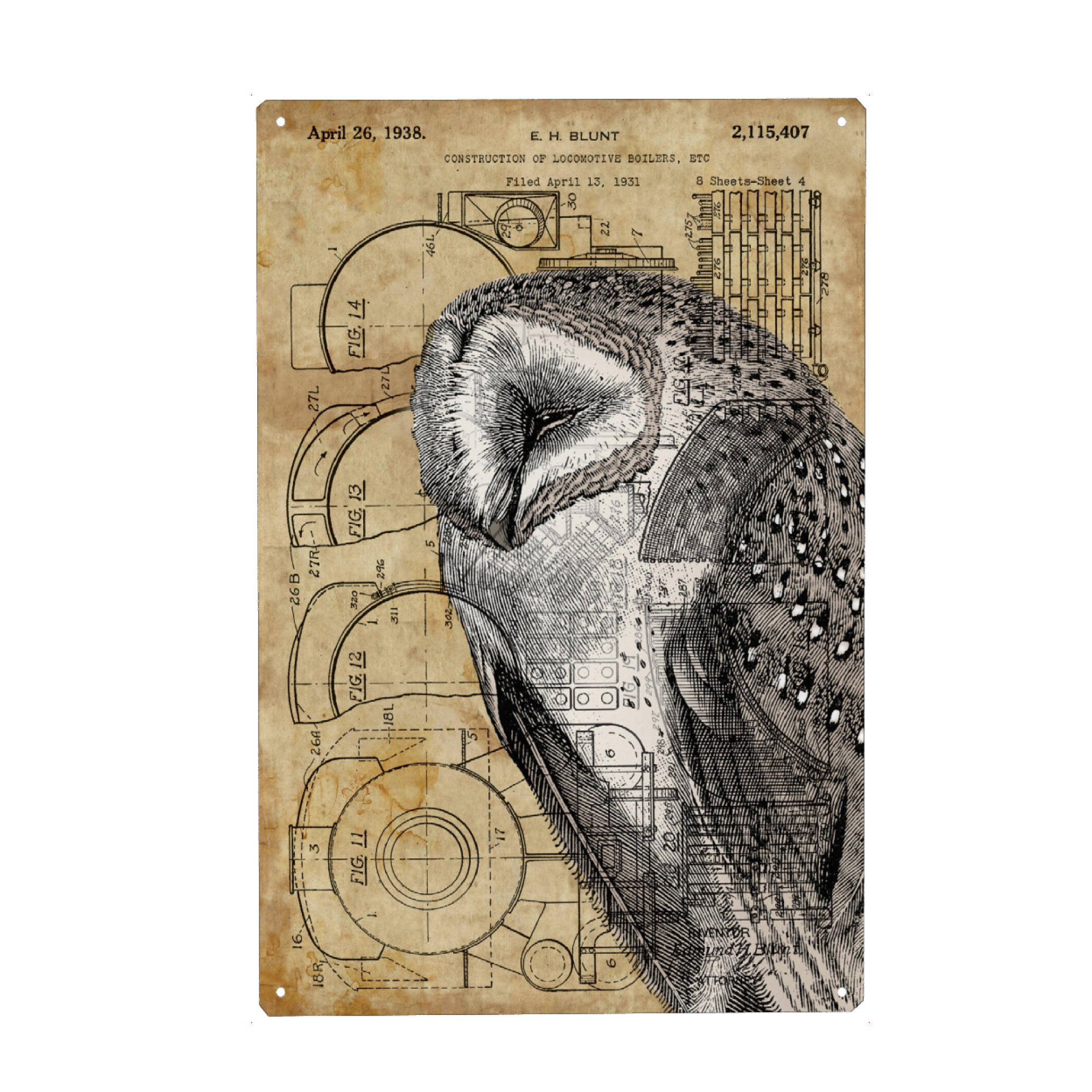 Holzbild "Steampunk Schleiereule" artboxONE - Tiere - Raubvögel,Vogel,Tier,Eule,Antik,Natur,Steampunk,Retro,Vintage,Schleiereule