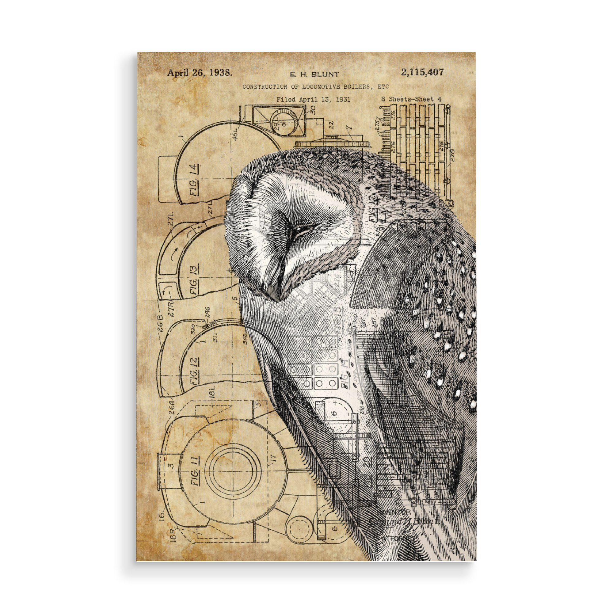 Holzbild "Steampunk Schleiereule" artboxONE - Tiere - Raubvögel,Vogel,Tier,Eule,Antik,Natur,Steampunk,Retro,Vintage,Schleiereule