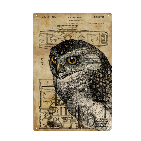 Holzbild "Eule - Steampunk" artboxONE - Tiere - Raubvögel,Vogel,Tier,Eule,Antik,Natur,Steampunk,Retro,Vintage