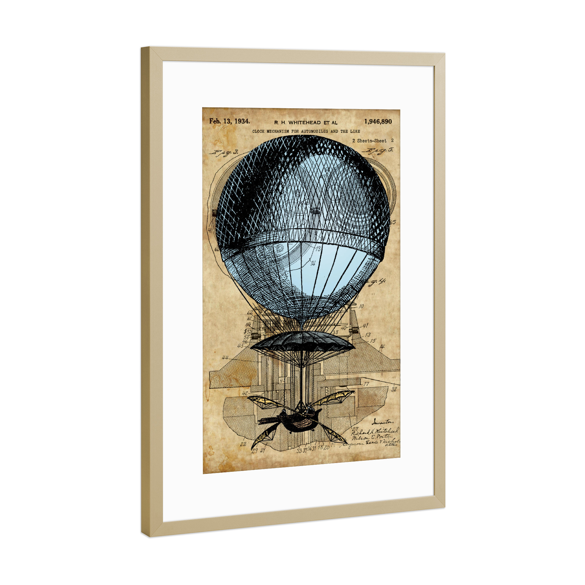 Poster mit Rahmen Gold "Vintage Heißluftballon" artboxONE - Reise - Heißluftballon,Luftfahrzeug,Steampunk,Vintage,Retro,Viktorianisch,Entwurf