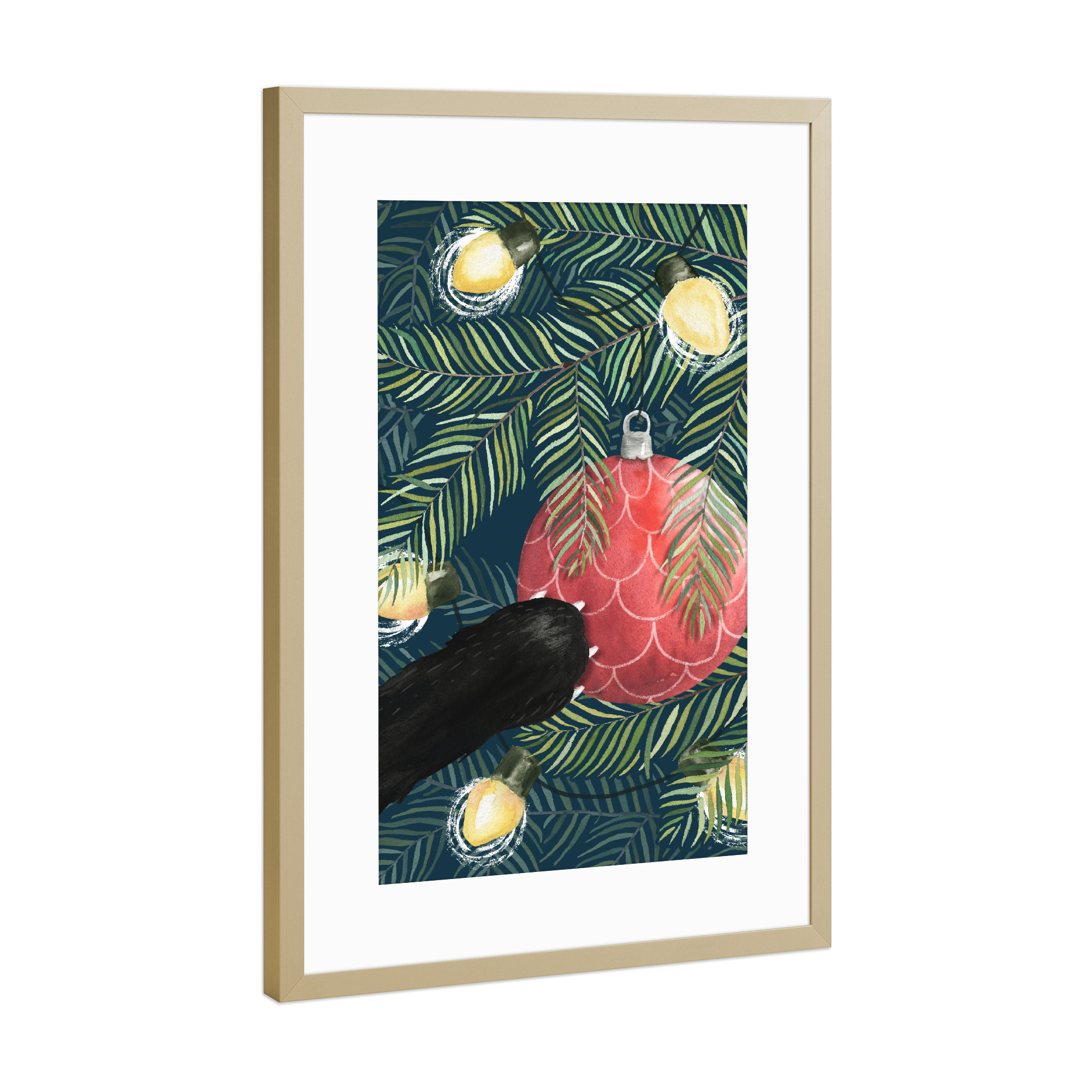 Poster mit Rahmen Gold "Here Comes Santa Claws" artboxONE - Weihnachten - Cat,Christmas,Tree,Ornament,Holiday,Pinecone,Vintage,Funny,Pets,Animal