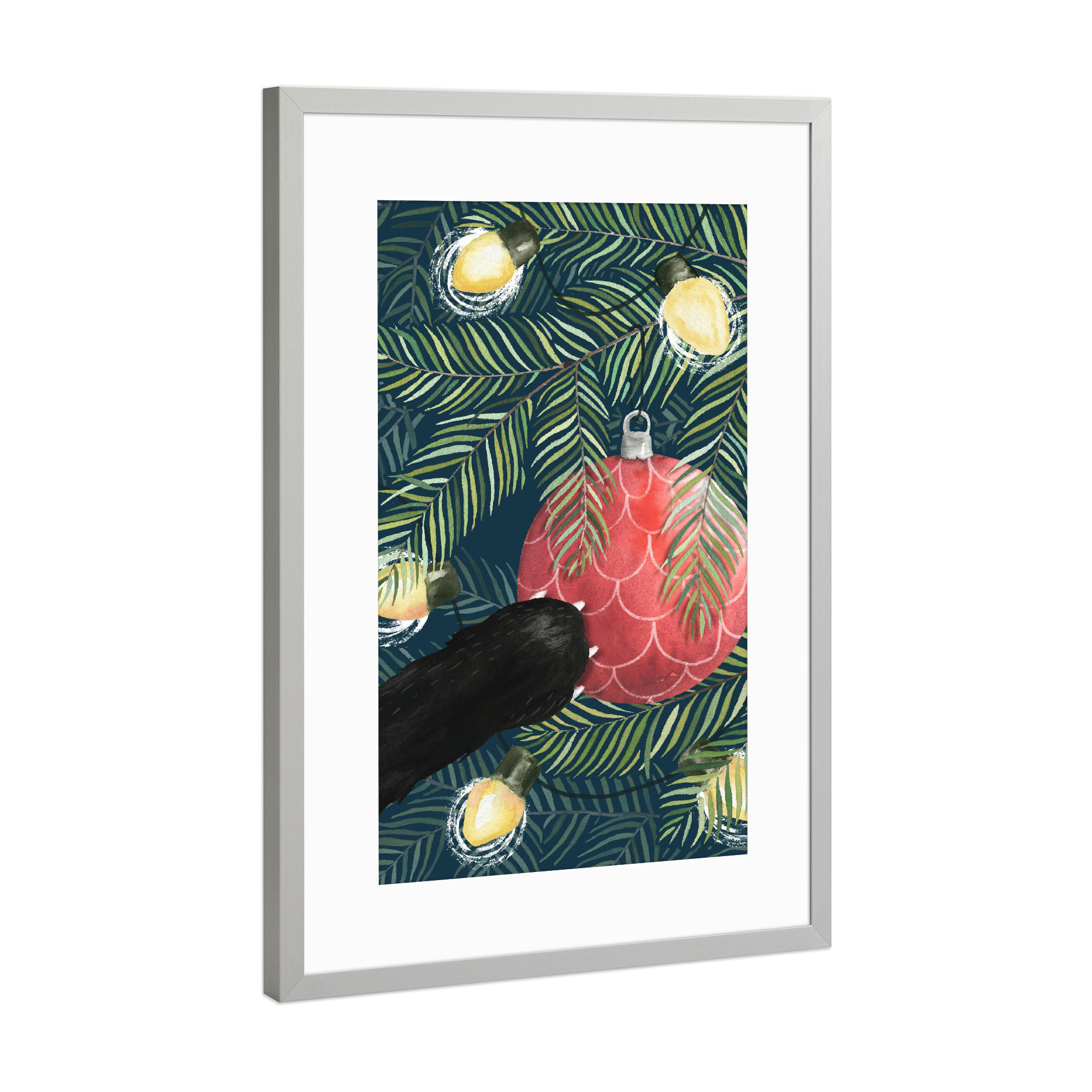 Poster mit Rahmen Silber "Here Comes Santa Claws" artboxONE - Weihnachten - Cat,Christmas,Tree,Ornament,Holiday,Pinecone,Vintage,Funny,Pets,Animal