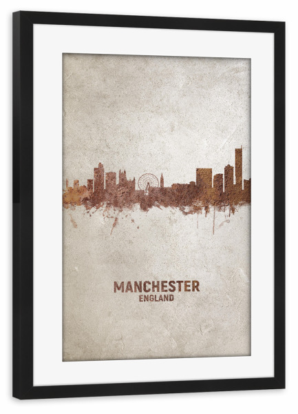 Poster mit Rahmen schwarz "Manchester England Rusty Skyline" artboxONE - Städte - Manchester,Manchester skyline,Rust