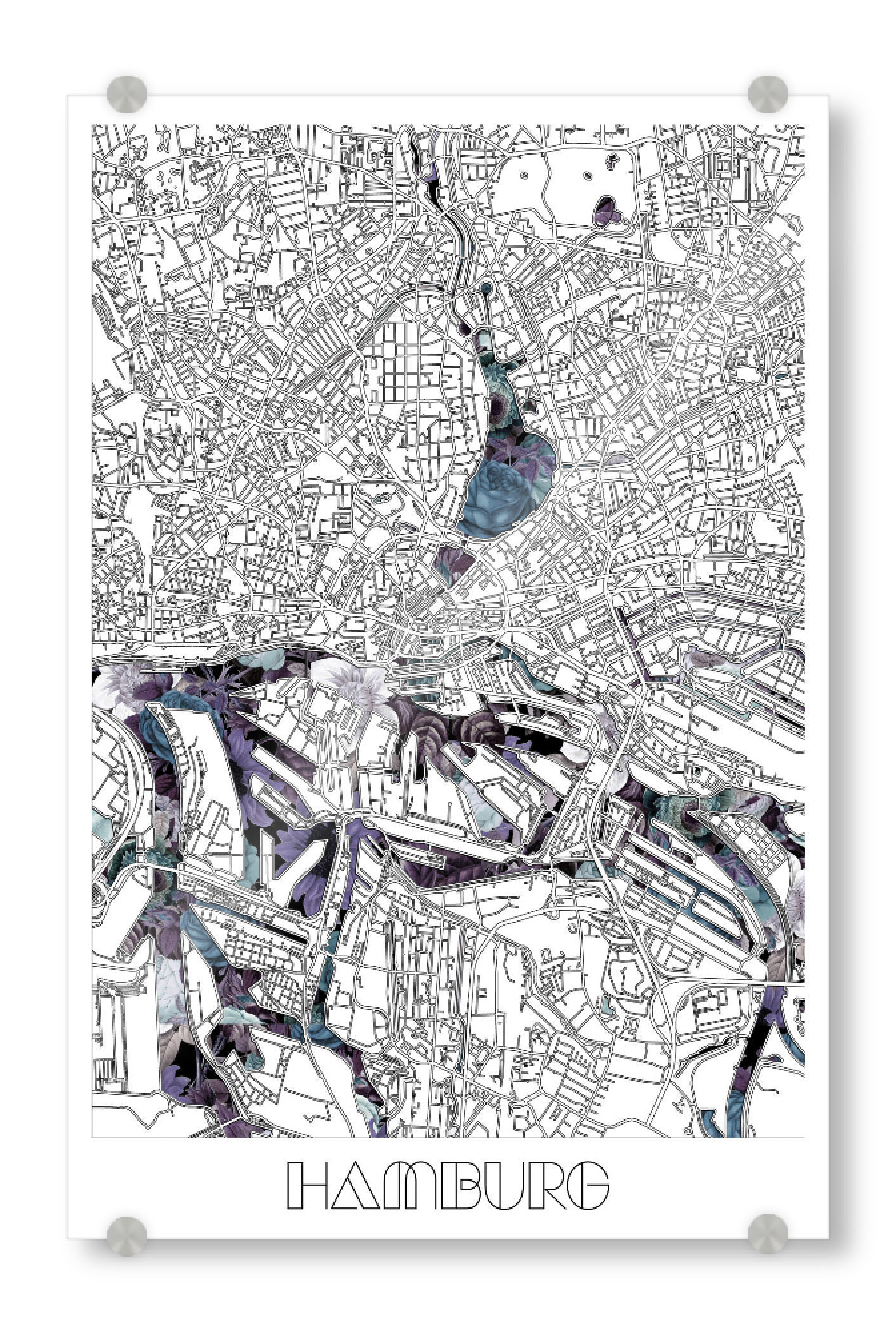 Acrylglasbild "Hamburg city map floral" artboxONE - Städte,Städte / Hamburg,Typografie,Reise,Schwarzweiß,Kartografie