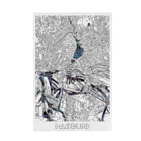 Metall Poster "Hamburg city map floral" artboxONE - Städte,Städte / Hamburg,Typografie,Reise,Schwarzweiß,Kartografie