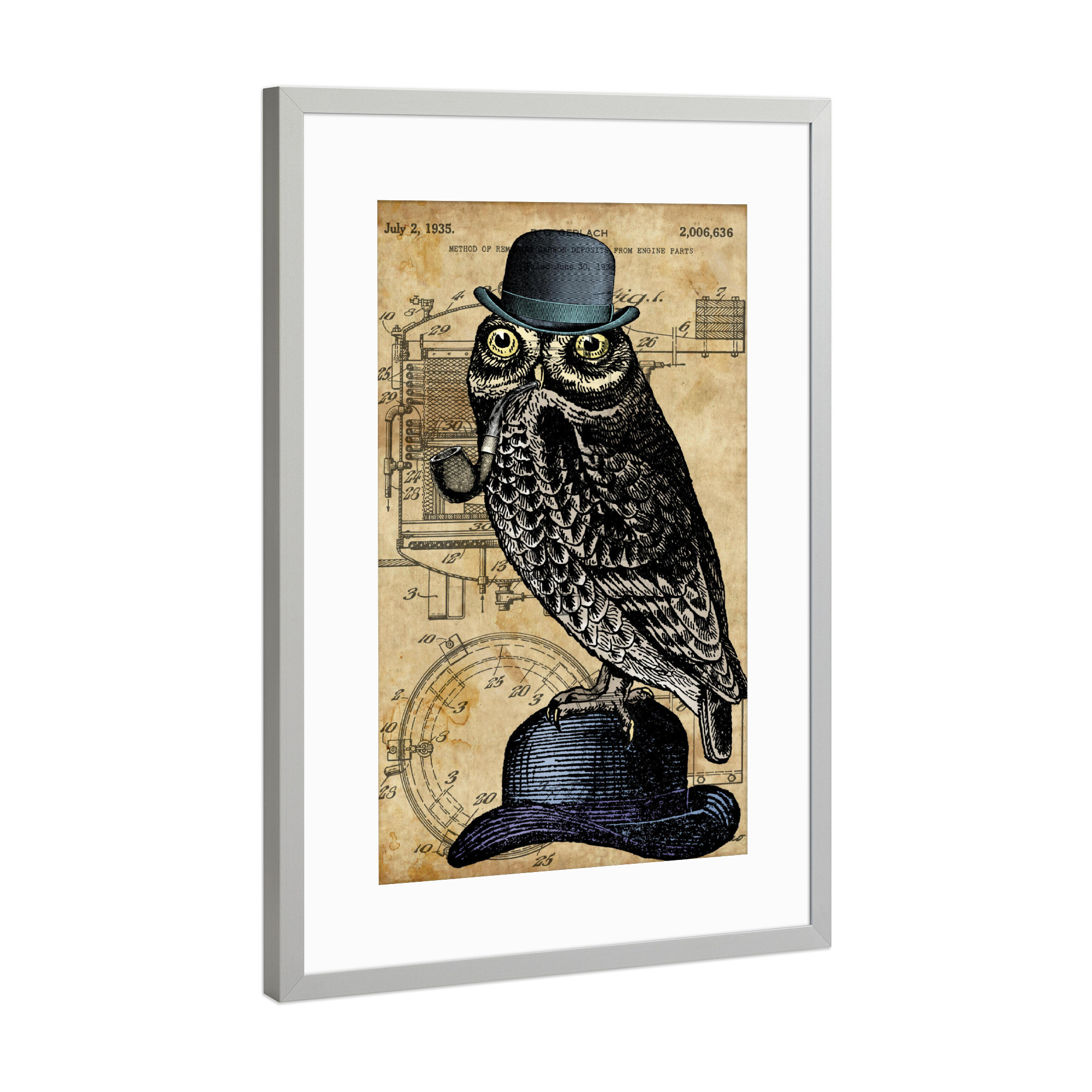 Poster mit Rahmen Silber "Eule mit einer Pfeife" artboxONE - Tiere - Eule,Vogel,Pfeife,Tier,Steampunk,Antik,Patent,Entwurf