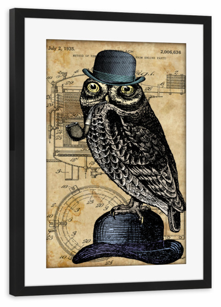 Poster mit Rahmen schwarz "Eule mit einer Pfeife" artboxONE - Tiere - Eule,Vogel,Pfeife,Tier,Steampunk,Antik,Patent,Entwurf