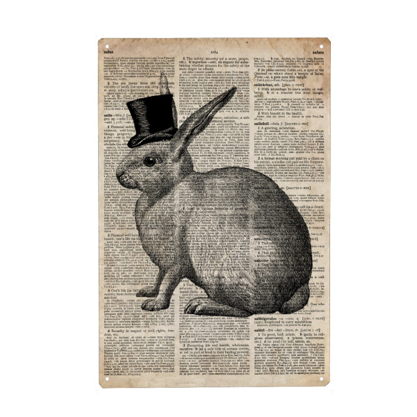 Holzbild "Viktorianisches Kaninchen" artboxONE - Tiere,Schwarzweiß - Tier,Wörterbuch,Antik,Vintage,Steampunk,Wald,Viktorianisch,Hase,Kaninchen