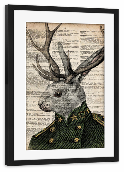 Poster mit Rahmen schwarz "General Hase" artboxONE - Tiere - Tier,Wörterbuch,Antik,Vintage,Geweih,Hase,Steampunk,Wald,Viktorianisch