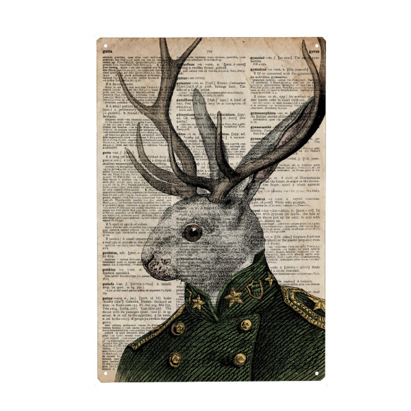 Holzbild "General Hase" artboxONE - Tiere - Tier,Wörterbuch,Antik,Vintage,Geweih,Hase,Steampunk,Wald,Viktorianisch