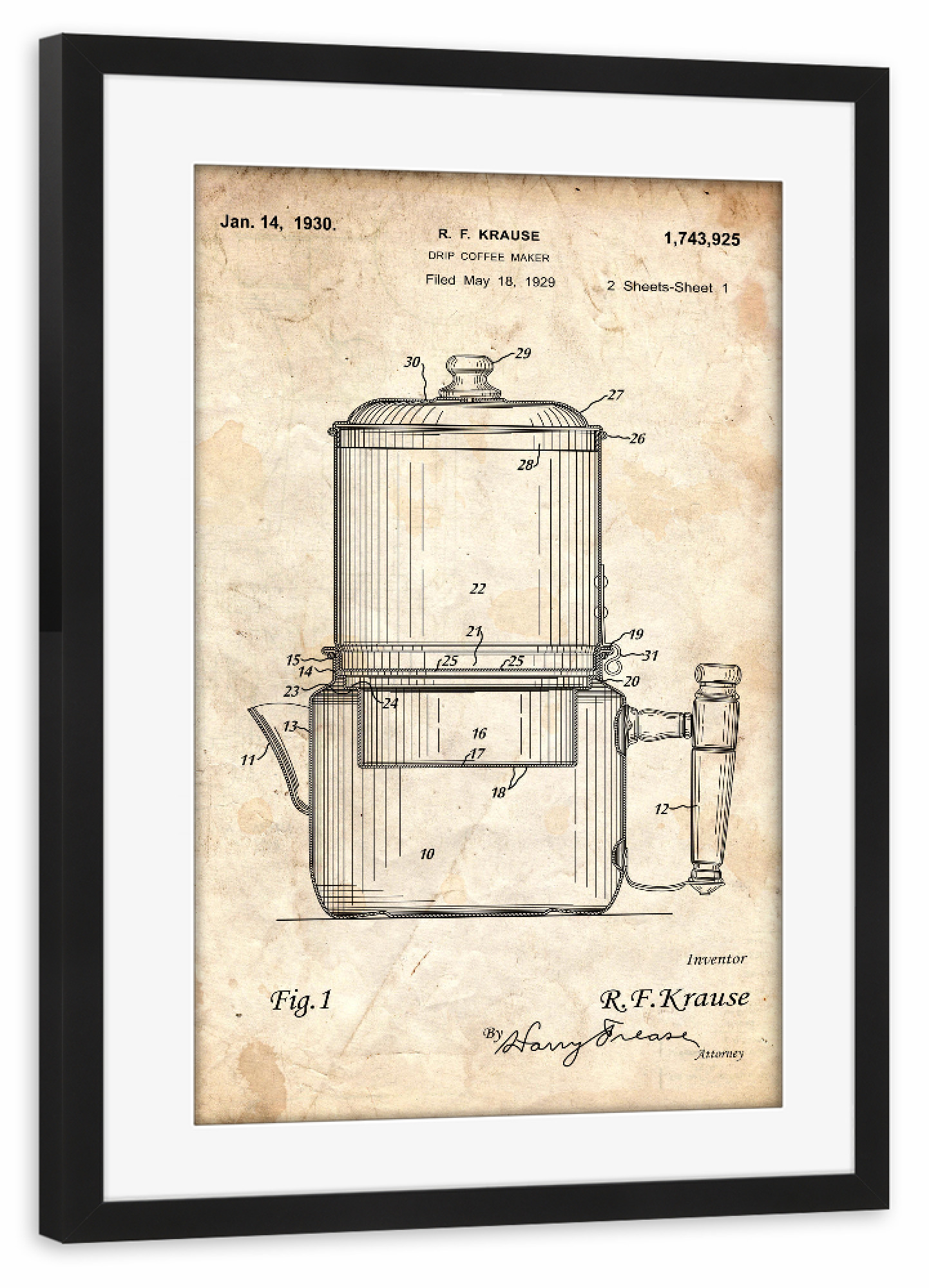Poster mit Rahmen schwarz "Filterkaffeemaschine (Antik)" artboxONE - Essen & Trinken