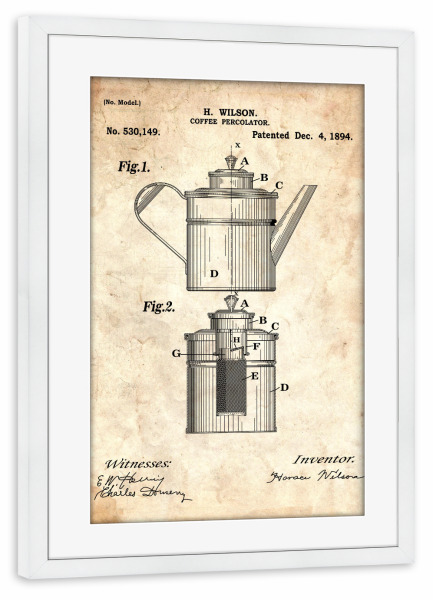 Poster mit Rahmen weiß "Kaffeetasse Patent (Antik)" artboxONE - Essen & Trinken - Küche,Kochen,Koch,Vintage,Patent,Entwurf,Kaffee,Café,Coffeeshop