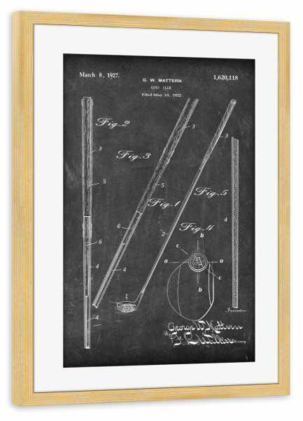 Poster mit Rahmen kiefer "Golfschläger (Tafel)" artboxONE - Schwarzweiß,Sport - Golfschläger,Patent,Golf,Vintage,Sport,Retro