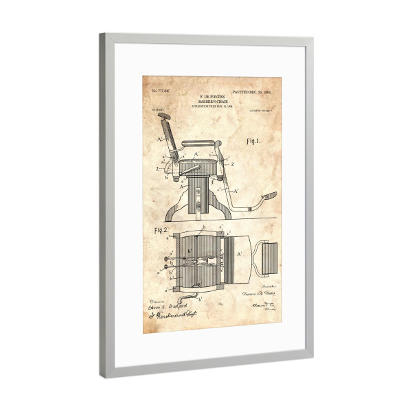 Poster mit Rahmen Silber "Friseurstuhl Patent (Antik)" artboxONE - Abstrakt