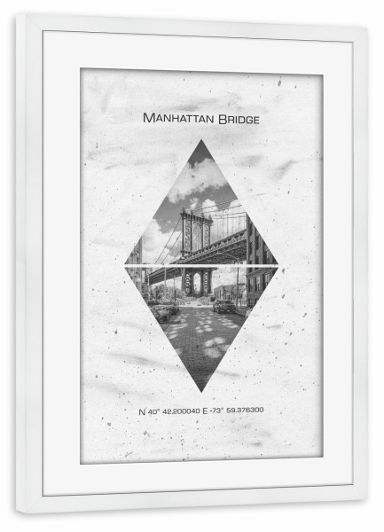 Poster mit Rahmen weiß "Koordinaten NYC Manhattan Bridge" artboxONE - Städte / New York,Schwarzweiß - New york city,Brücke,Brooklyn
