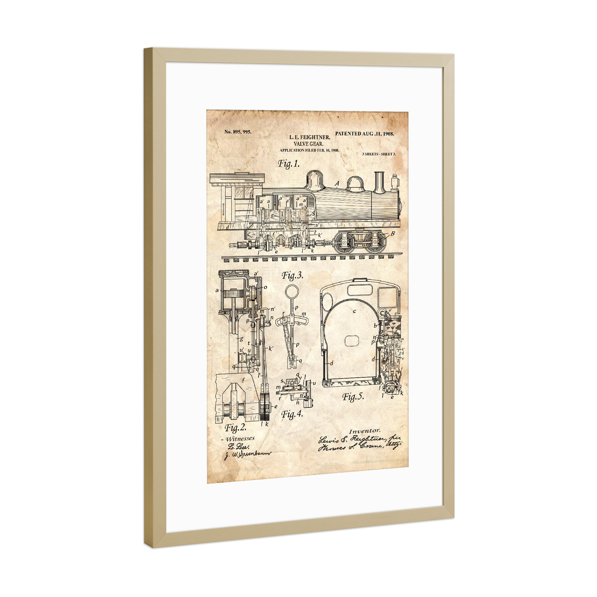Poster mit Rahmen Gold "Zuh Entwurf (Antik)" artboxONE - Reise - Zug,Lokomotive,Eisenbahn,Bahn,Patent,Entwurf,Transport,Reise,Travel